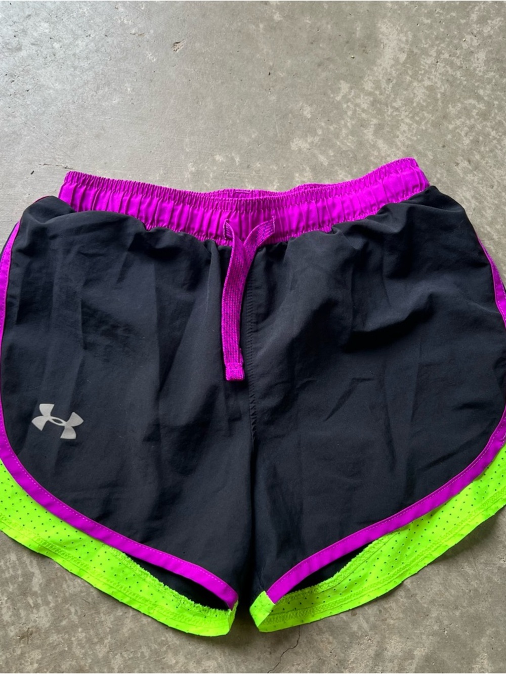 Under Armour Black Athletic Shorts with Pink Waistband & Neon Green Hem
